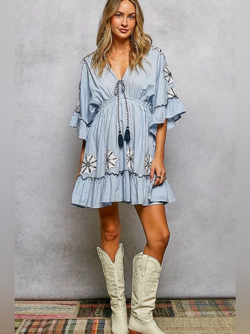 H099 New POL L w14-22 Light Blue Embroidered Tassel Ruffle Mini Dress